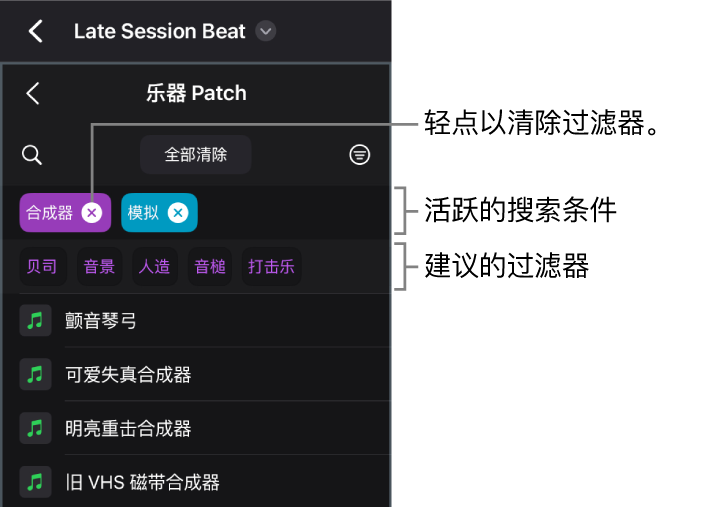 图。浏览器中的“乐器 Patch”视图显示活跃的搜索条件和建议的过滤器。