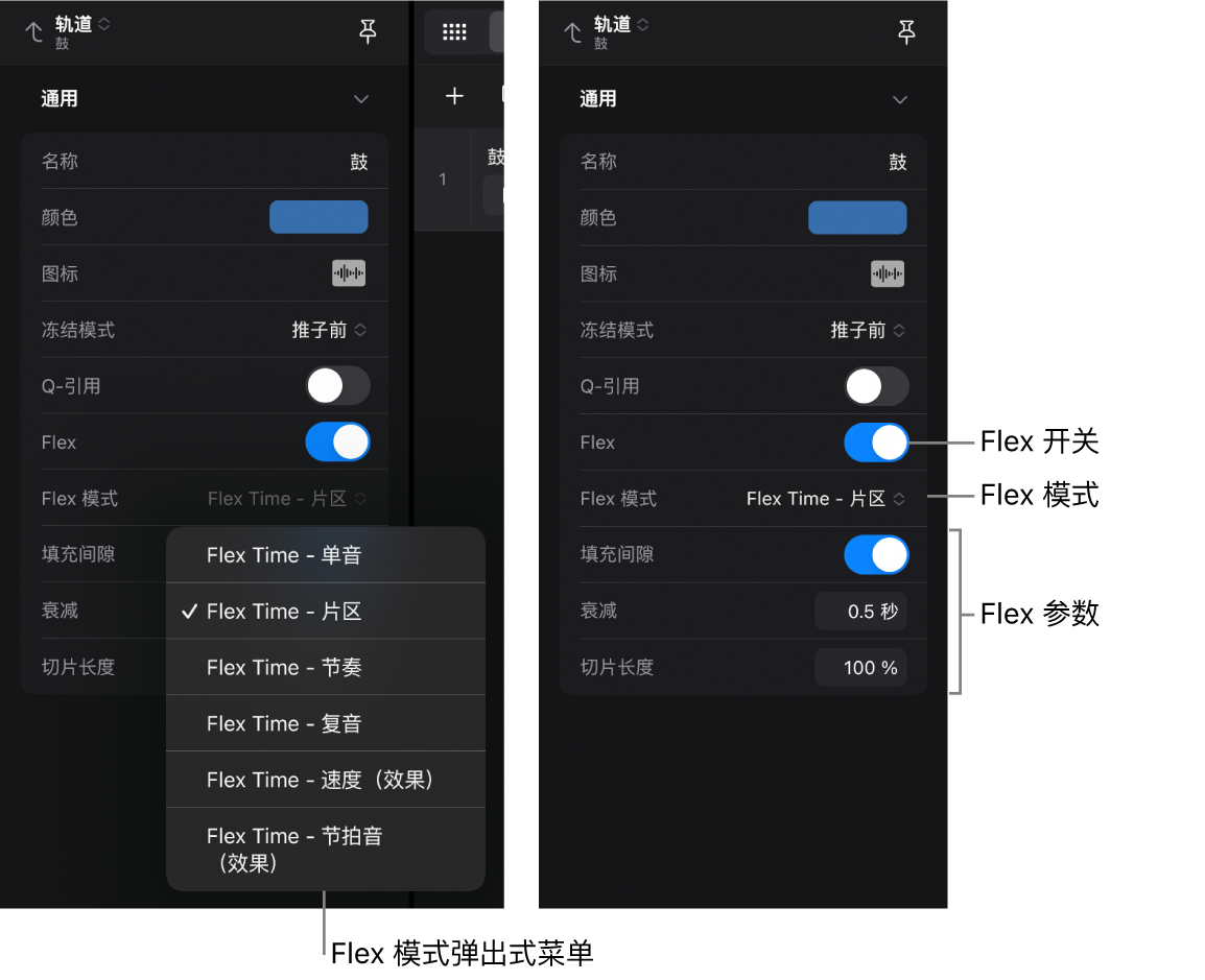 图。轨道检查器显示 Flex 设置。