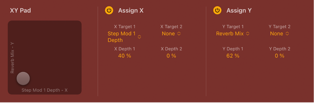 图。Step FX 的 XY 鼓垫、X 分配和 Y 分配参数部分。