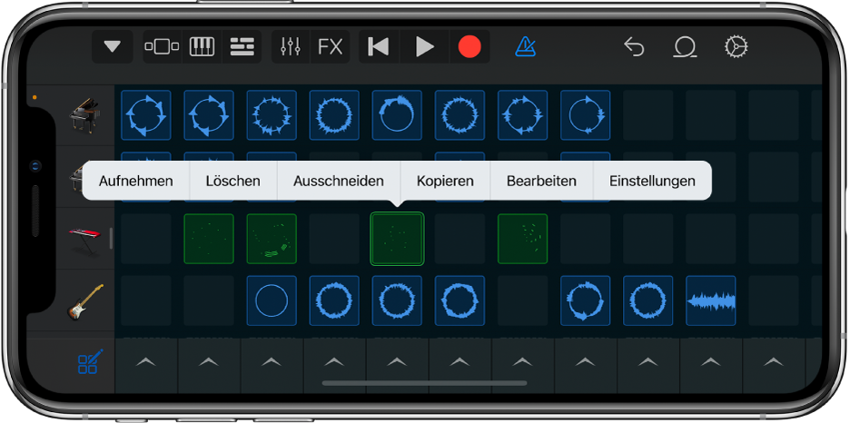 Abbildung. Live Loops-Raster mit aktivierter Zellenbearbeitung