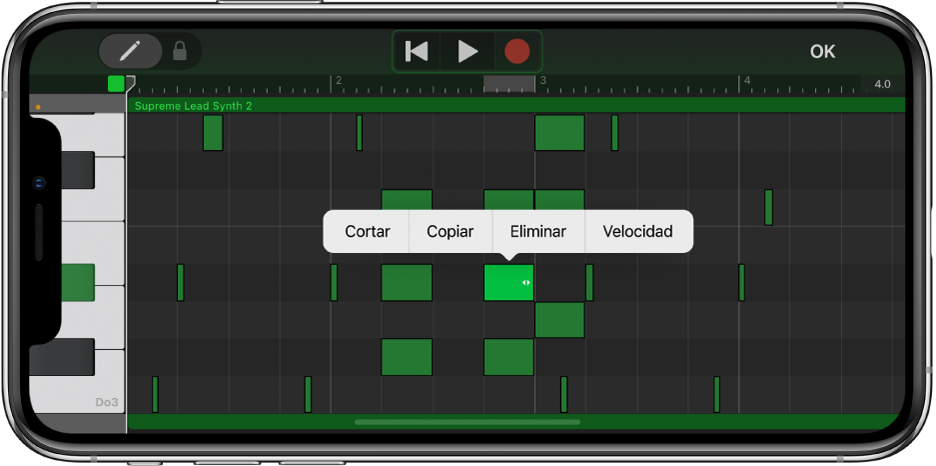 Editor con nota seleccionada