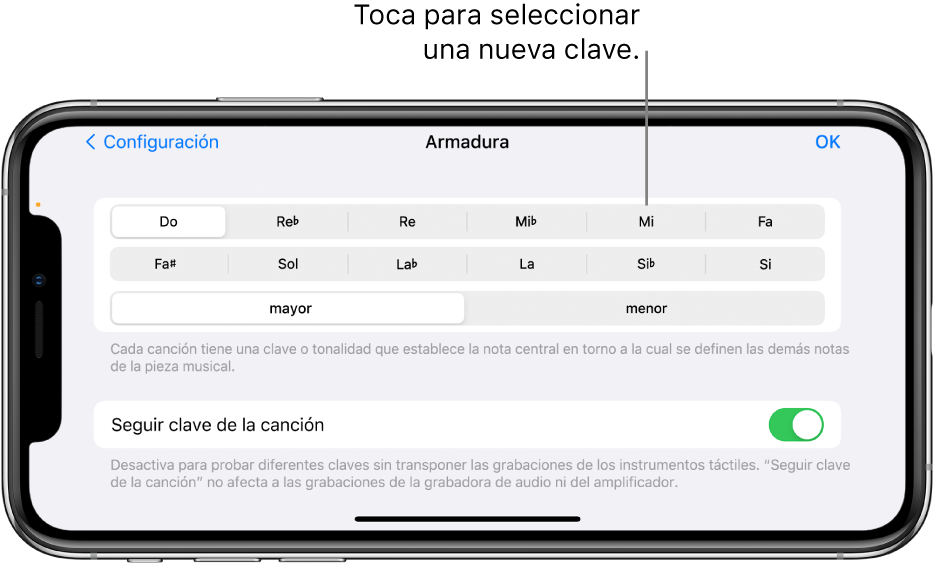 Controles de clave en la configuración de la canción