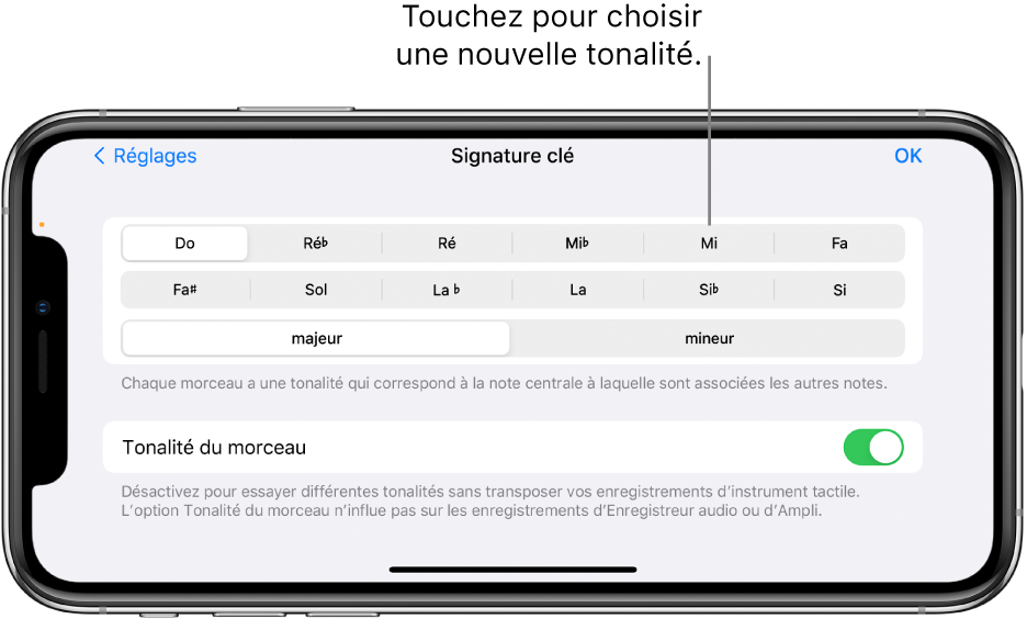 Réglages de clé dans les réglages du morceau