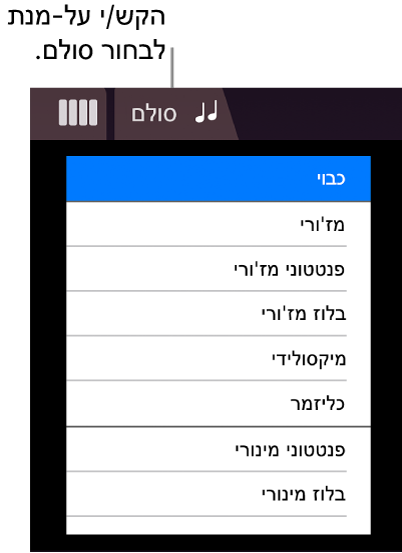 הכפתור ״סולם״ ורשימת הסולמות של המיתרים