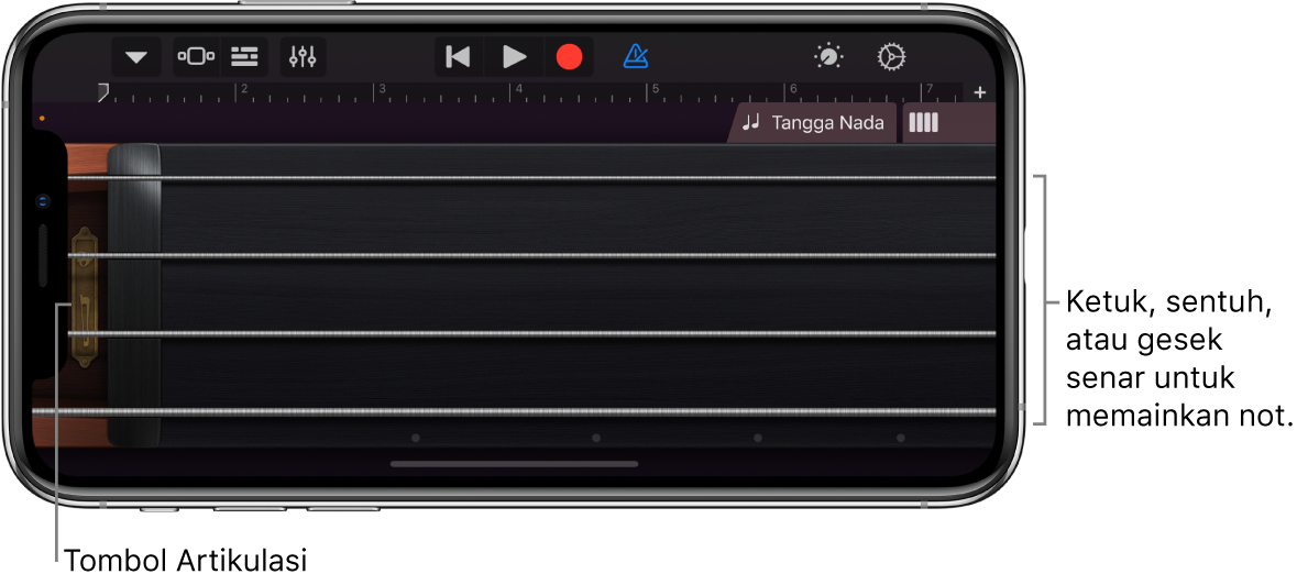 Tampilan catatan pada Instrumen Sentuh Senar
