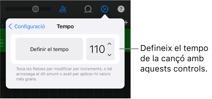 Configuració de cançó, amb els controls de tempo