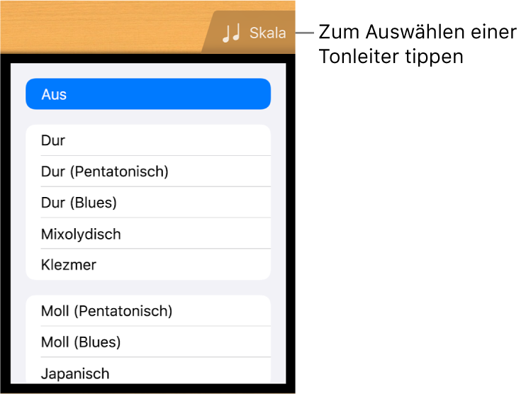 Taste „Skala“ und Tonskalenliste für die Gitarre