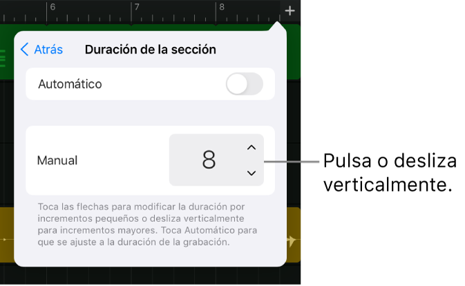 Controles para cambiar la duración de una sección de canción