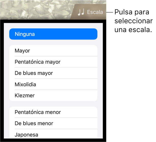 Botón Escala de Bajo y lista de escalas