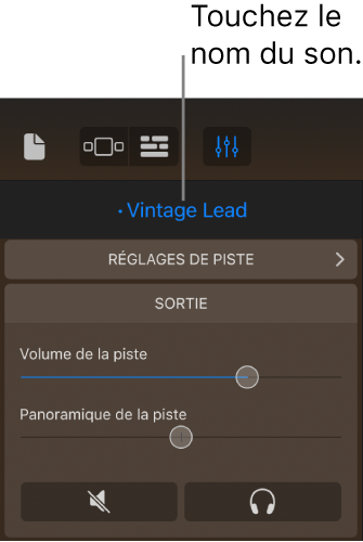 Illustration. Le nom du son actuel au-dessus des commandes de piste.