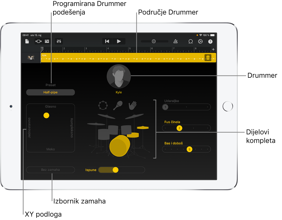 Drummer s prikazanim glavnim područjima sučelja.