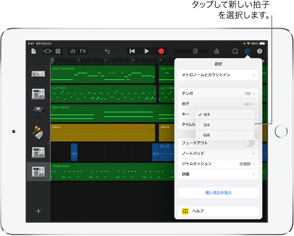 曲の設定。拍子のコントロールが表示されています