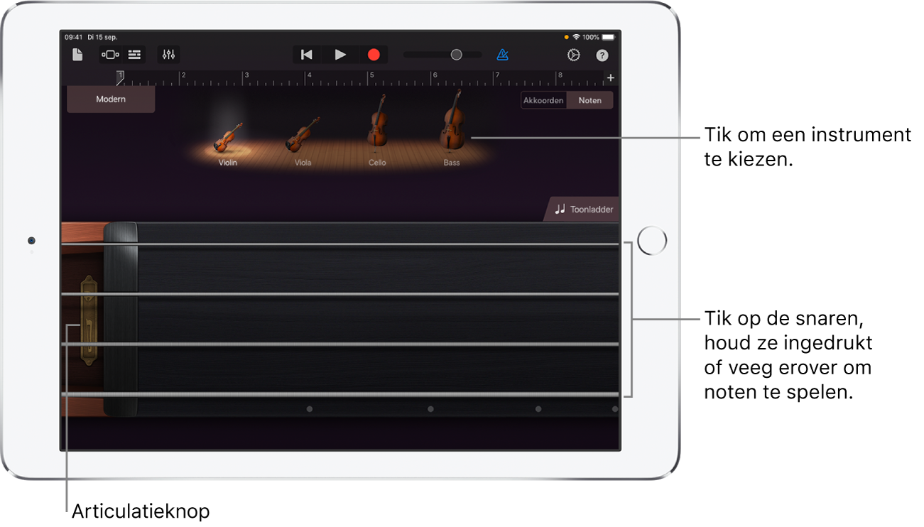 Notenweergave op het Touch-instrument Snaarinstrumenten