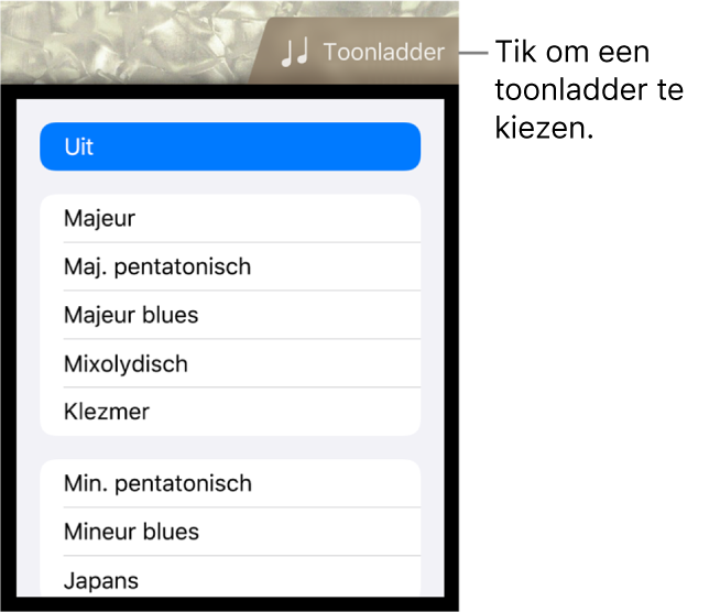 Knop 'Toonladder' en toonladderlijst voor de bas