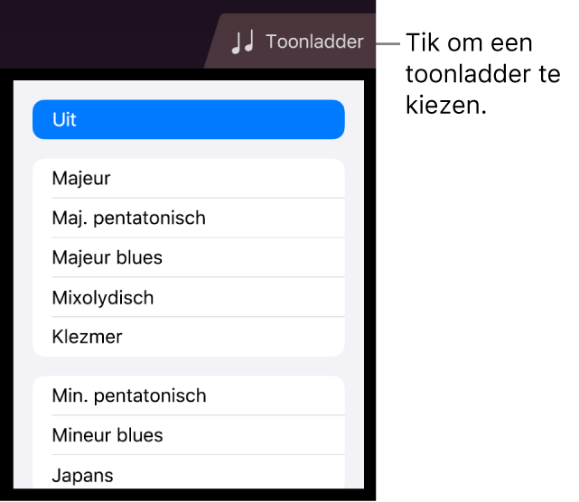 Knop 'Toonladder' en toonladderlijst voor de snaarinstrumenten