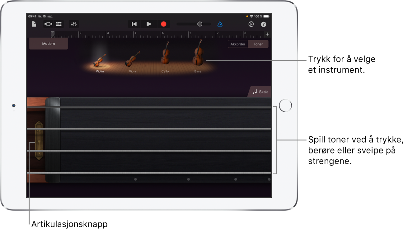 Tonevisning på Touch-instrumentet Strykere