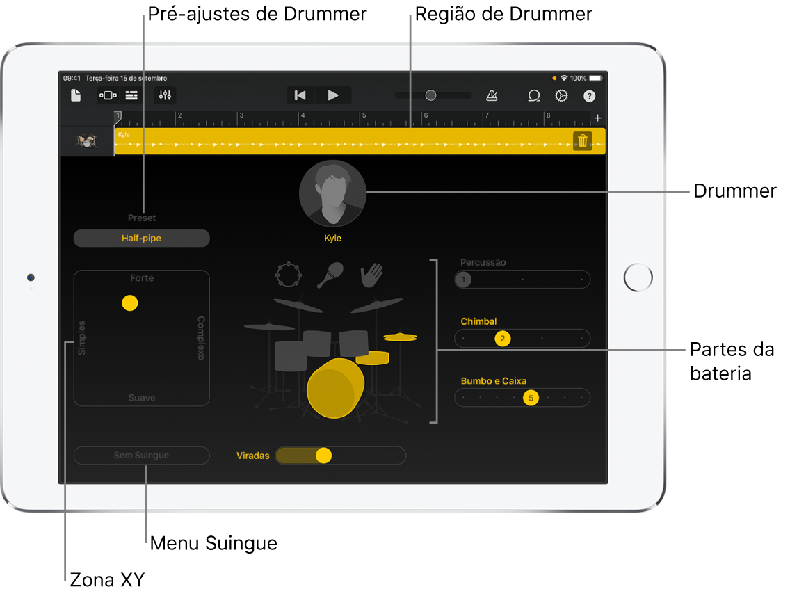 Drummer com explicações sobre as principais áreas da interface.