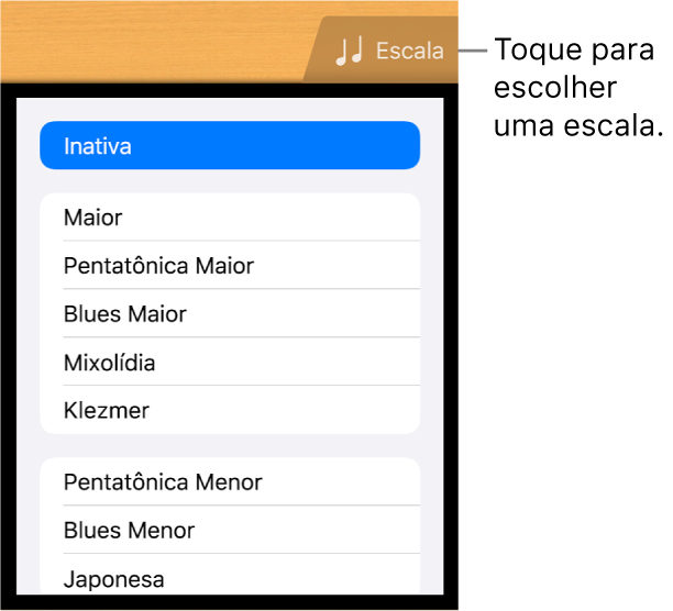 Botão Escala da Guitarra e lista Escala