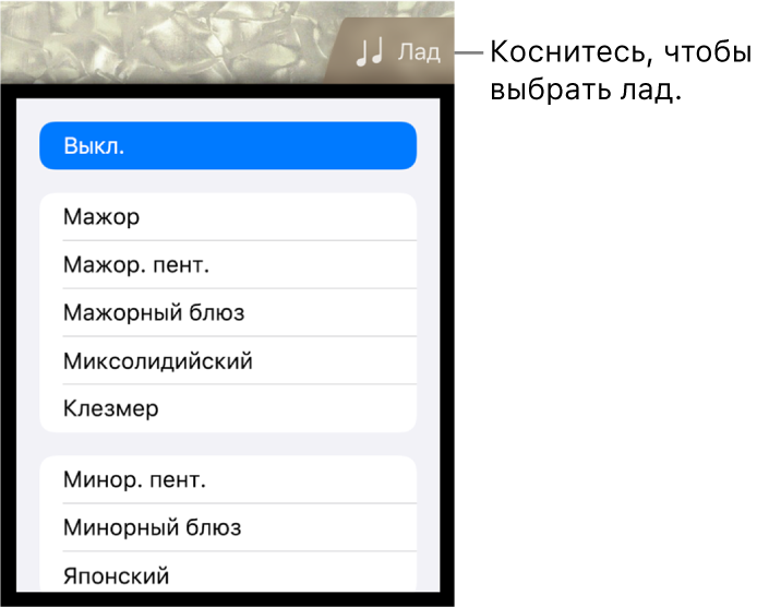 Список ладов и кнопка «Лад» басового инструмента