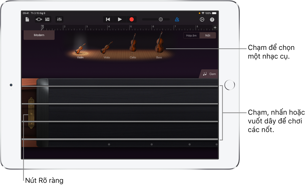 Chế độ xem Nốt trên nhạc cụ cảm ứng Đàn dây