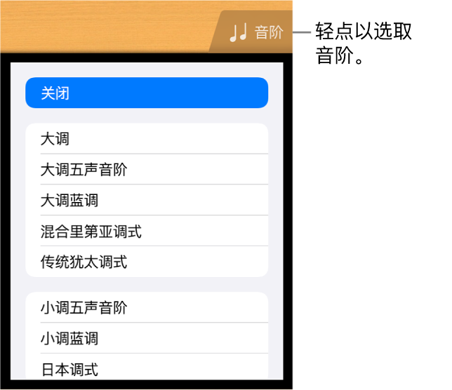 吉他的“音阶”按钮和音阶列表