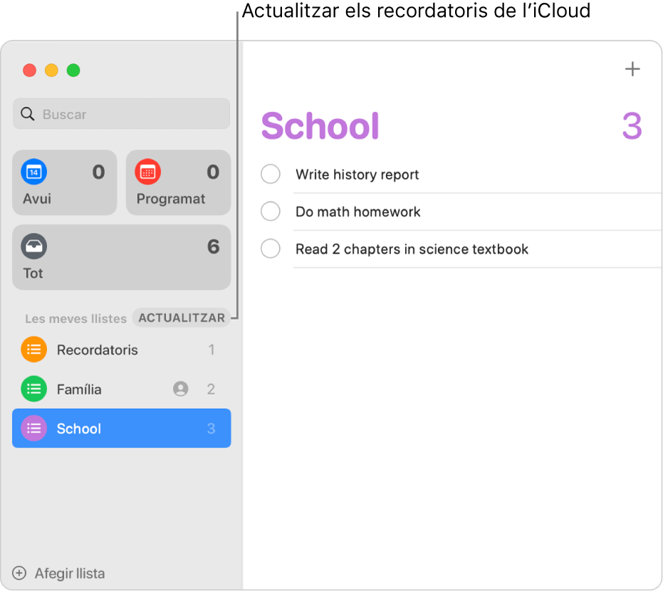Una finestra de l’app Recordatoris amb el botó Actualitzar a la barra lateral.
