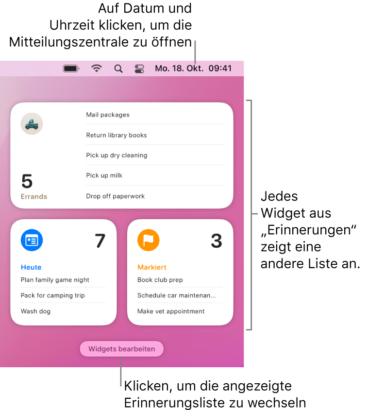 Drei Erinnerungen-Widgets in der Mitteilungszentrale, wobei jedes eine andere Liste zeigt