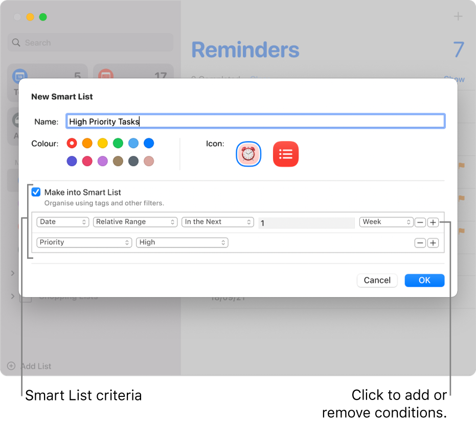 The New Smart List dialogue, showing the fields used to specify the criteria.