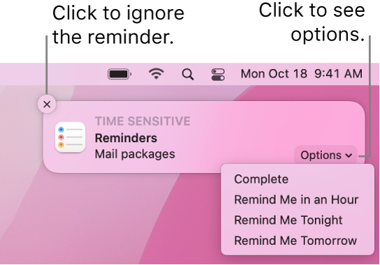 A reminder notification with Complete and Later buttons.