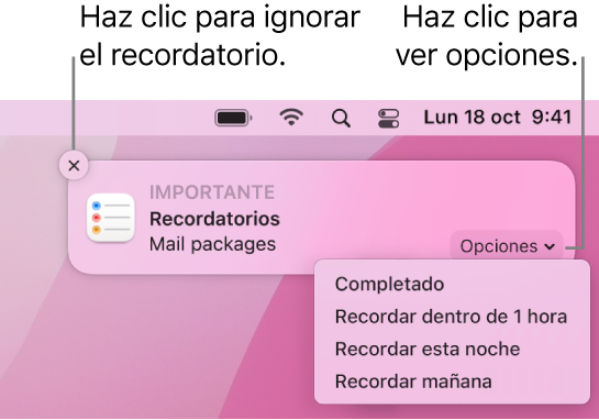 Una notificación de recordatorio con los botones Completar y “Más tarde”.