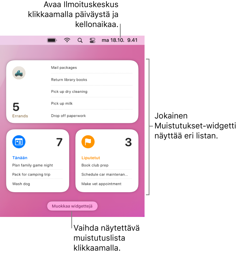 Kolme Muistutukset-widgettiä Ilmoituskeskuksessa, jokaisessa näkyy eri lista.