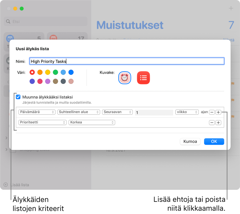 Uusi älykäs lista -valintaikkuna, jossa näkyy kenttiä kriteerien määrittämiselle.