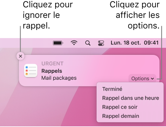 Une notification de rappel avec les boutons Terminer et Plus tard.