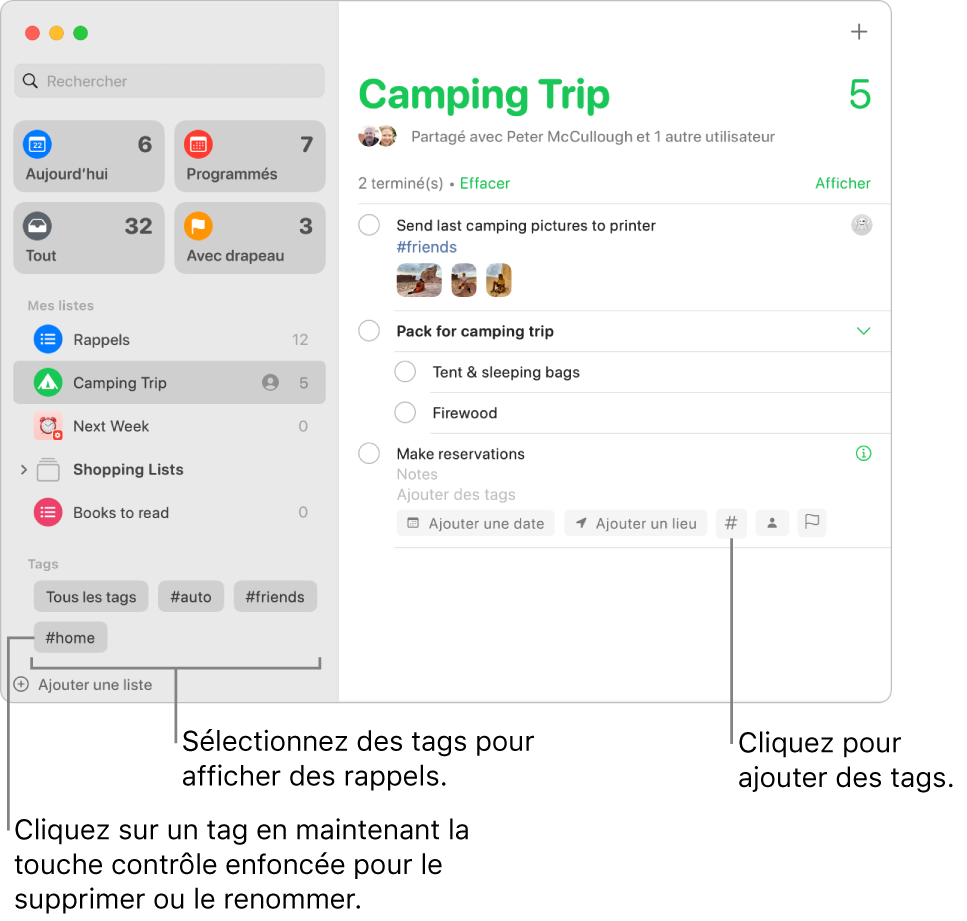 Une fenêtre Rappels affichant plusieurs tags dans la barre latérale et un rappel auquel un tag est appliqué.