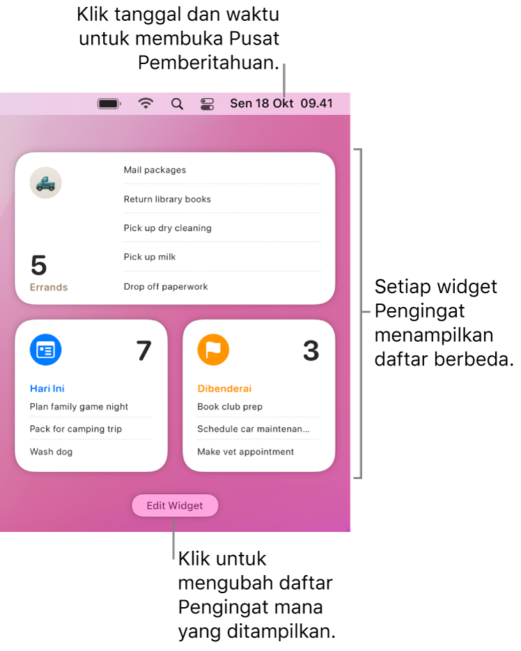 Tiga widget Pengingat di Pusat Pemberitahuan, masing-masing menampilkan daftar berbeda.