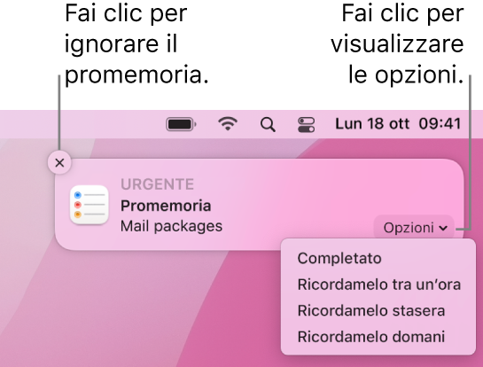 Una notifica di Promemoria con i pulsanti Completato e Ritarda.