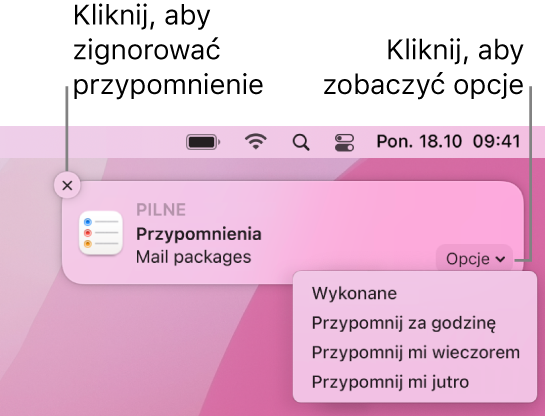 Powiadomienie o przypomnieniu, zawierające przyciski Wykonane oraz Później.