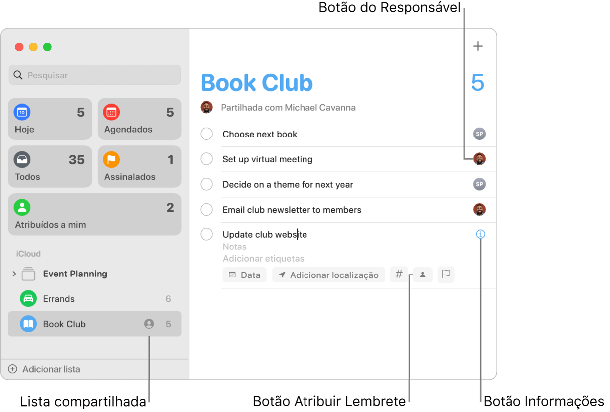 Uma janela da aplicação Lembretes a mostrar uma lista partilhada com lembretes atribuídos.