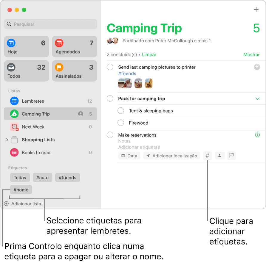 Uma janela da aplicação Lembretes a mostrar várias etiquetas na barra lateral e um lembrete que tem uma etiqueta aplicada a ele.