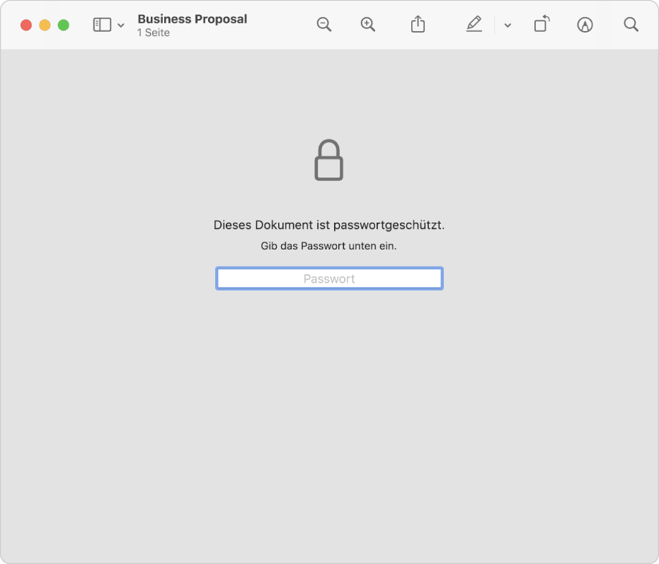 Eine passwortgeschützte PDF-Datei zeigt ein Schlosssymbol und ein Textfeld für die Eingabe des Passworts zum Öffnen der Datei.