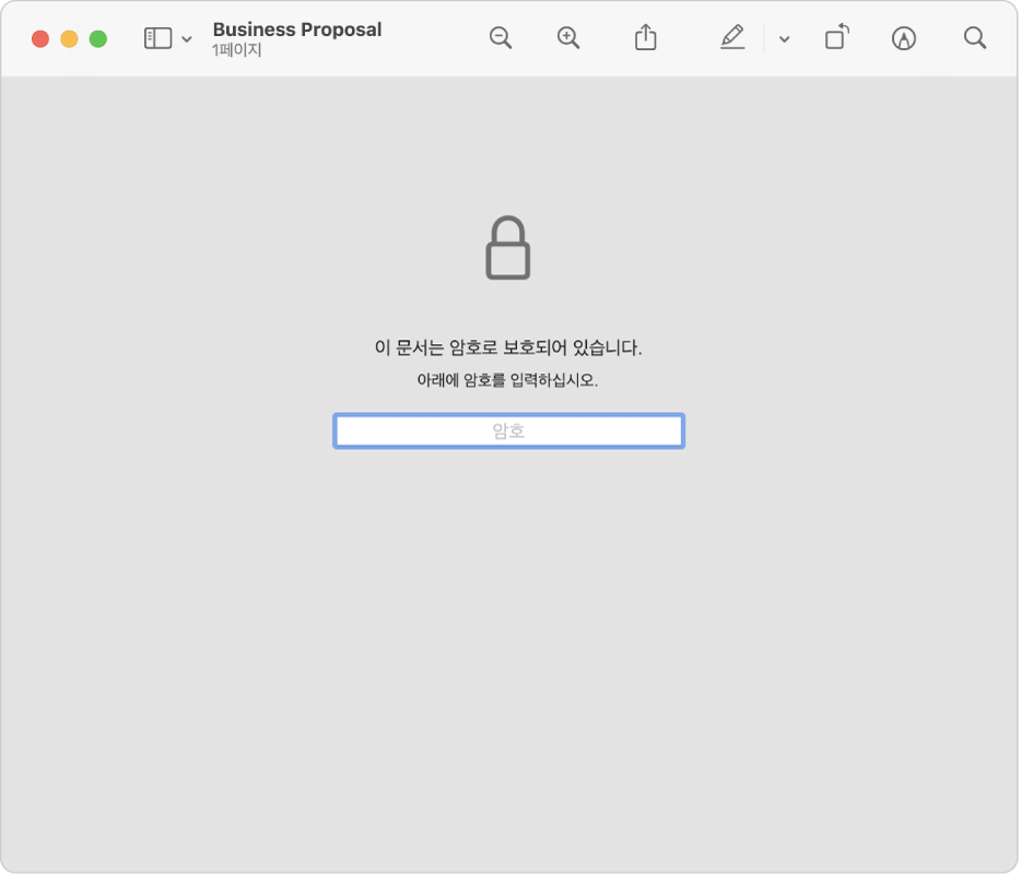 잠금 아이콘과 파일을 열기 위한 암호를 입력하는 텍스트 필드가 표시된, 암호로 보호된 PDF.