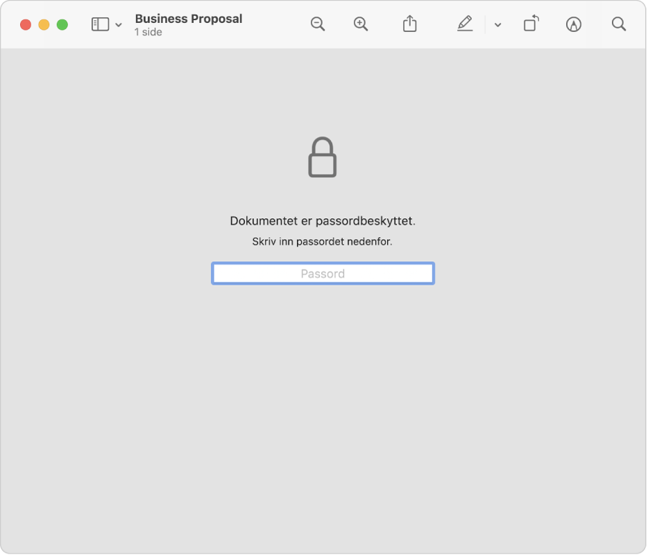 En passordbeskyttet PDF som viser et låsesymbol, og et tekstfelt for passord som åpner filen.