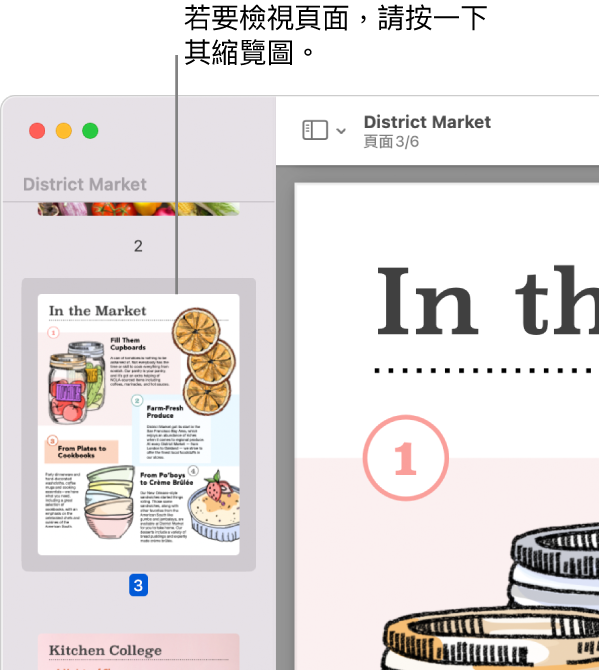 PDF 的縮圖會在側邊欄顯示。