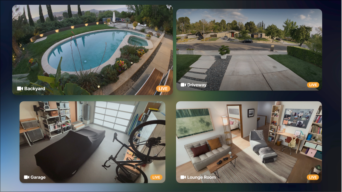 Apple TV screen showing multiple cameras from Control Centre HomeKit view