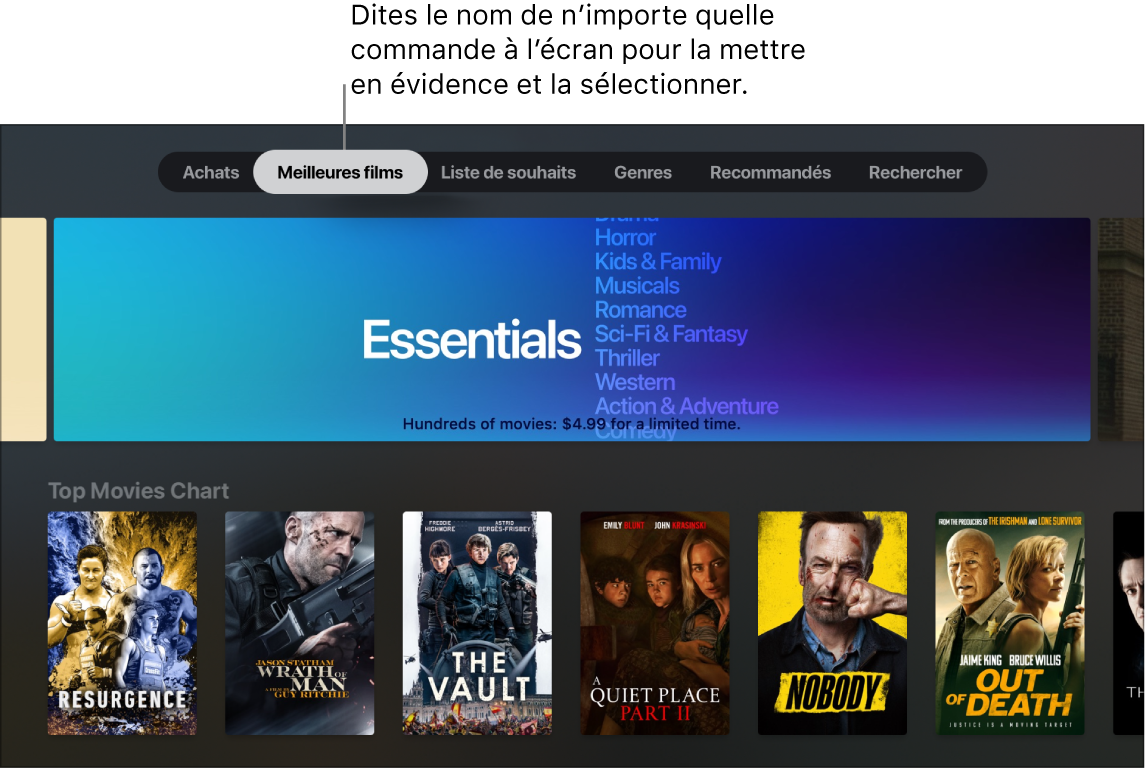 Section Films de l’iTunes Store avec les requêtes de menu pouvant être énoncées