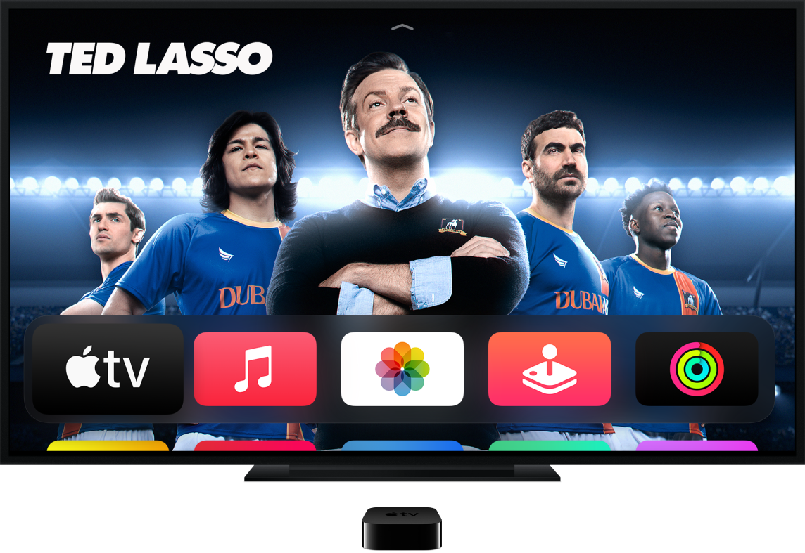 Ένα Apple TV συνδεδεμένο σε τηλεόραση και εμφανίζεται η οθόνη Αφετηρίας