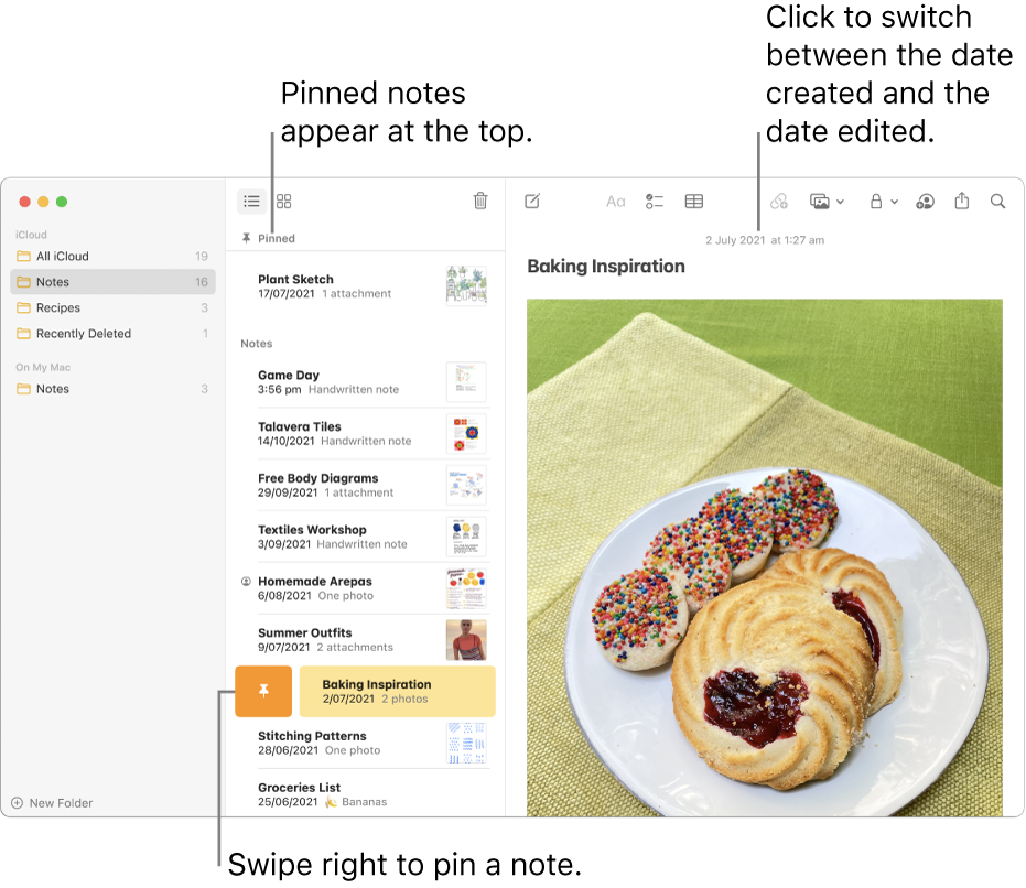 The Notes window with the list of notes in the middle, pinned notes at the top of the notes list and the Pin button on one note. The content of that note appears on the right with the date at the top; click the date to switch between the date created and the date edited.