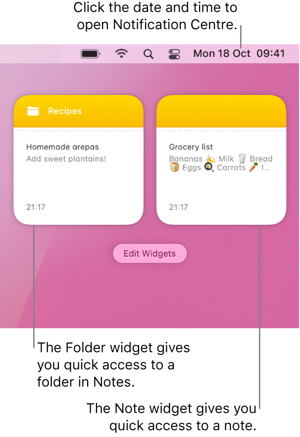 Two Notes widgets — the Folder widget shows a folder in Notes and the Note widget shows a note. Click the date and time in the menu bar to open Notification Centre.