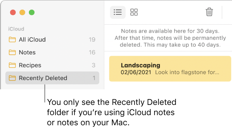 The Notes window with the Recently Deleted folder in the sidebar and a recently deleted note. You only see the Recently Deleted folder if you’re using iCloud notes or notes on your Mac.