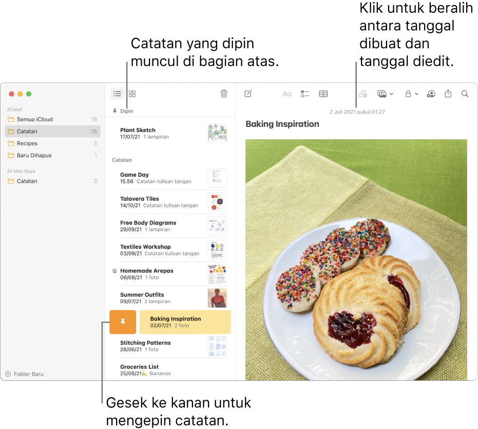 Jendela Catatan dengan daftar catatan di tengah, catatan yang dipin di bagian atas daftar catatan, dan tombol Pin pada satu catatan. Konten catatan tersebut muncul di kanan dengan tanggal di bagian atas; klik tanggal untuk beralih antara tanggal dibuat dan tanggal diedit.